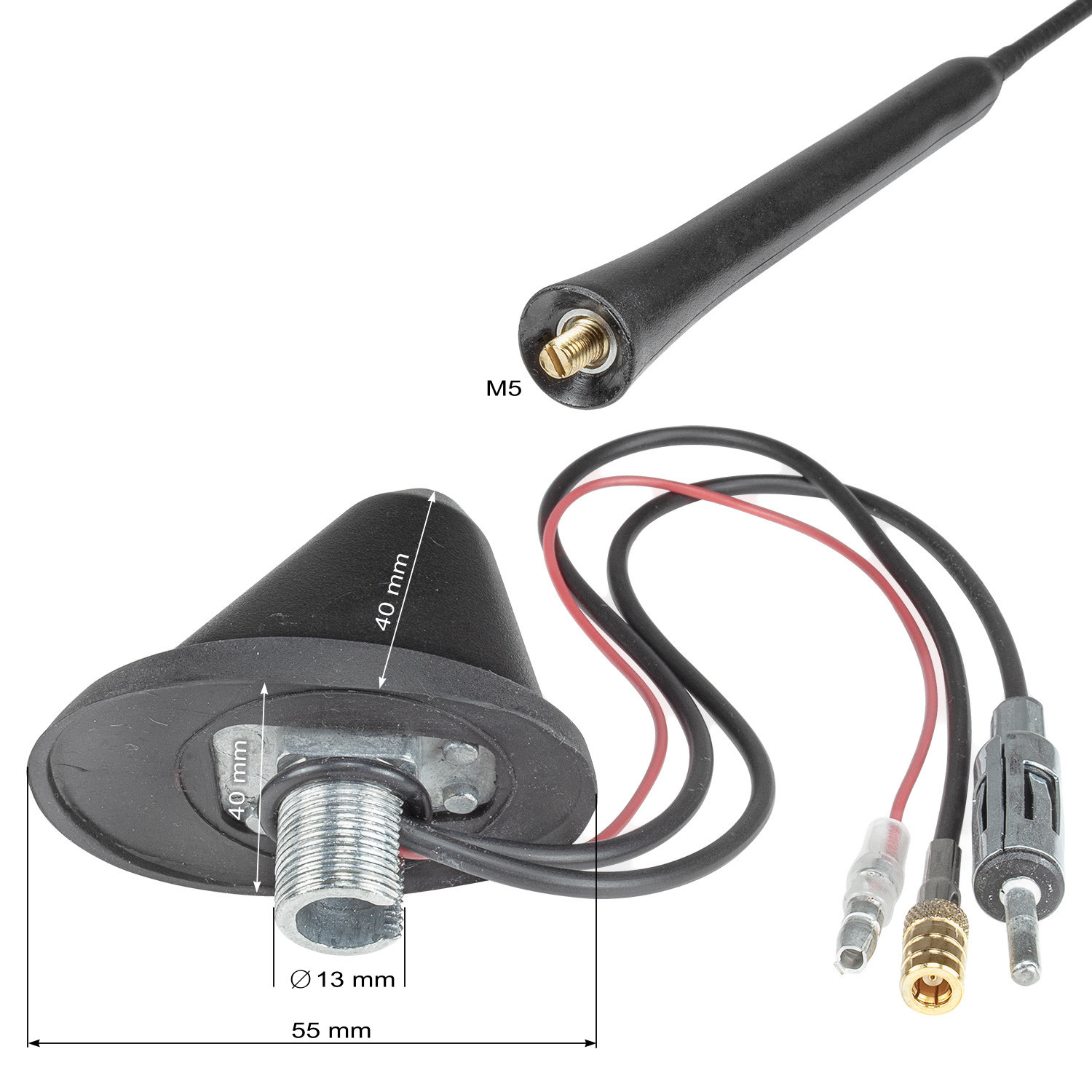 32cm Dachantenne DAB DAB+ AM FM 76 Grad mit Verstärker adaptiert auf DIN (m) SMB (F)