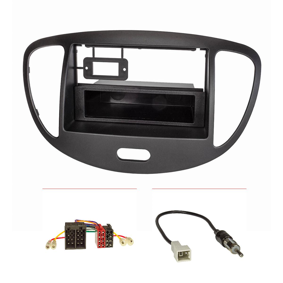 Doppel DIN 1DIN Radioblende Set kompatibel mit Hyundai i10 schwarz Bj.2008-2013 mit Radioadapter ISO GT5 Antennenadapter DIN