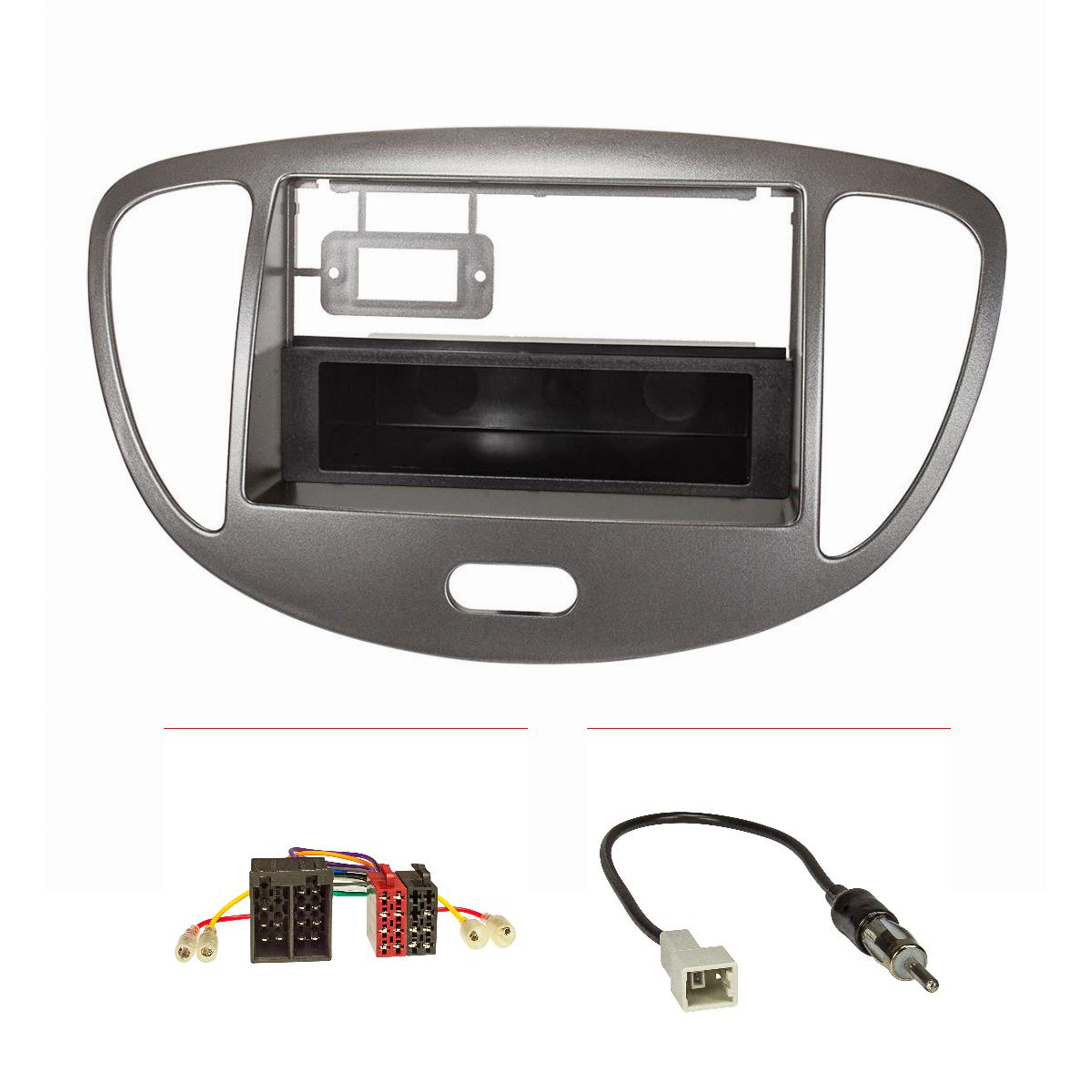 Doppel DIN 1DIN Radioblende Set kompatibel mit Hyundai i10 dunkelsilber Bj.2008-2013 mit Radioadapter ISO GT5 Antennenadapter DIN