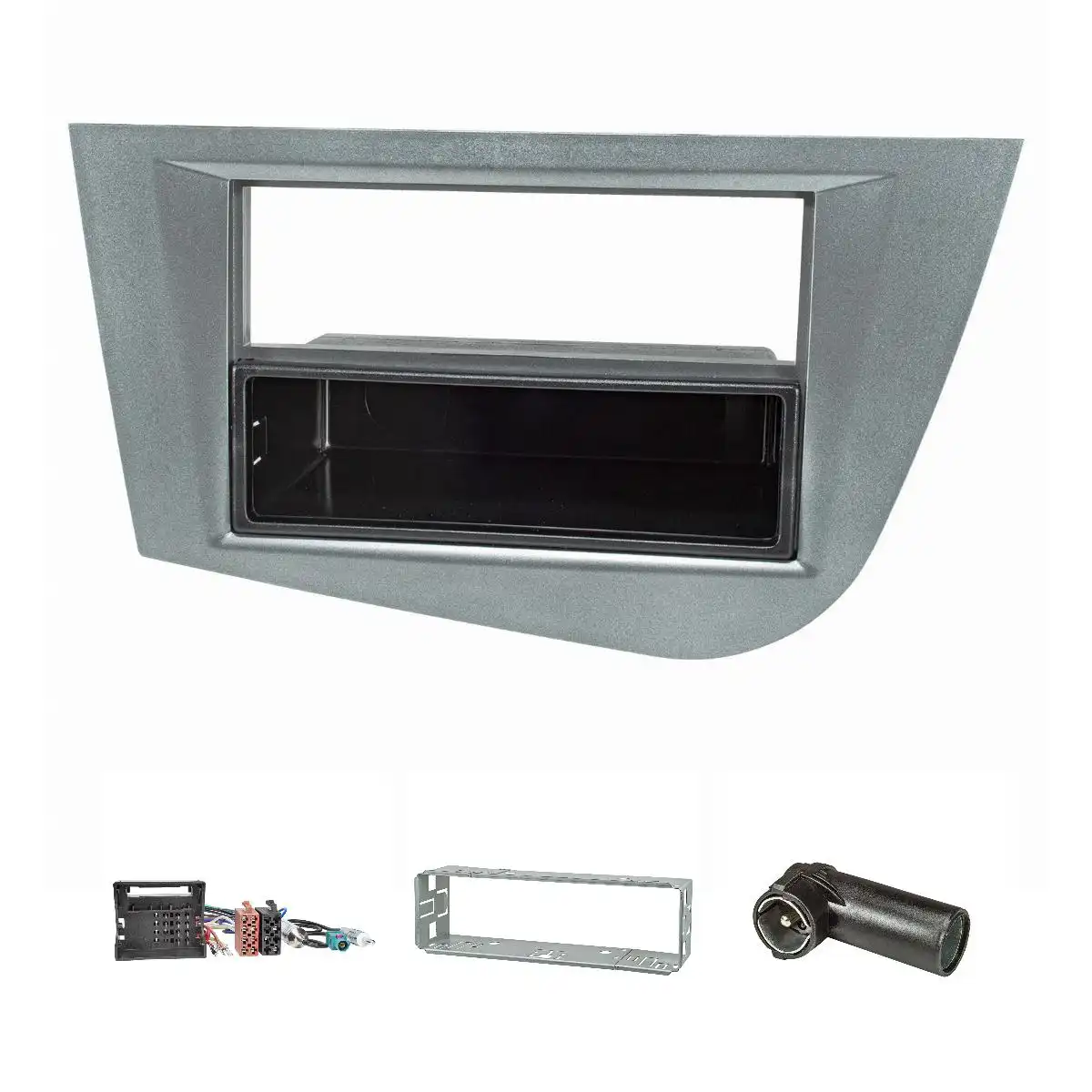 Radioblende Set kompatibel mit Seat Leon 2 (1P) Bj.2005-2012 graumetallic mit Quadlockadapter ISO Fakra Antennenadapter Phantomeinspeisung DIN ISO Einbauschacht