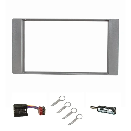 Doppel DIN Radioblende Set kompatibel mit Ford Focus 2 Fiesta C-Max S-Max Galaxy Mondeo Kuga Transit silber mit Quadlock ISO Antennenadapter ISO DIN Entriegelungsbügel
