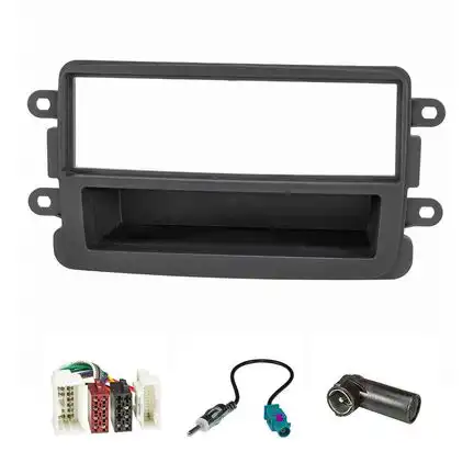 Radioblende Set kompatibel mit Dacia Renault Lodgy Dokker Duster Sandero Captur dunkel grau ab Bj.2012 mit Radioadapter ISO Fakra Antennenadapter DIN ISO