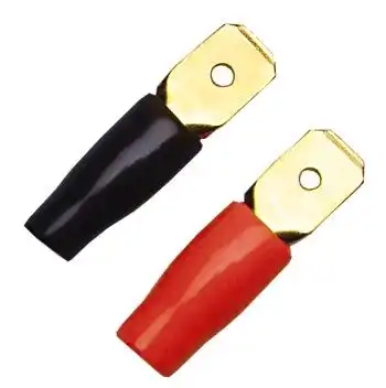 1111120x 6.3mm Flachsteckzungen mit roten + schwarzen Isoliertüllen schwarz/rot