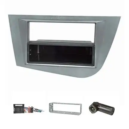 Radioblende Set kompatibel mit Seat Leon 2 (1P) Bj.2005-2012 graumetallic mit Quadlockadapter ISO Fakra Antennenadapter Phantomeinspeisung DIN ISO Einbauschacht